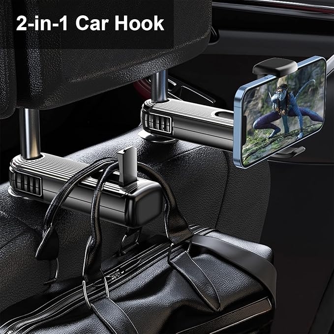 Car Headrest Hooks, 2 in 1 with Phone Holder, 360 Rotation for Purses, Bags & Groceries (Silver - 2PCS)