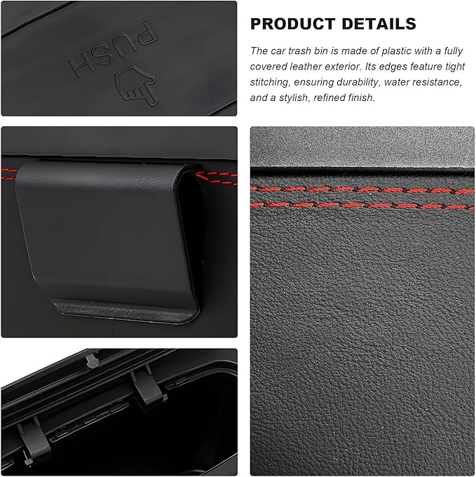 Car Trash Can with Lid, Leather Auto Dustbin Hanging Organizer with Mounting Clip, Multi-Purpose Leakproof Vehicle Garbage Bin Storage Container for Cars SUVs RVs (Black)