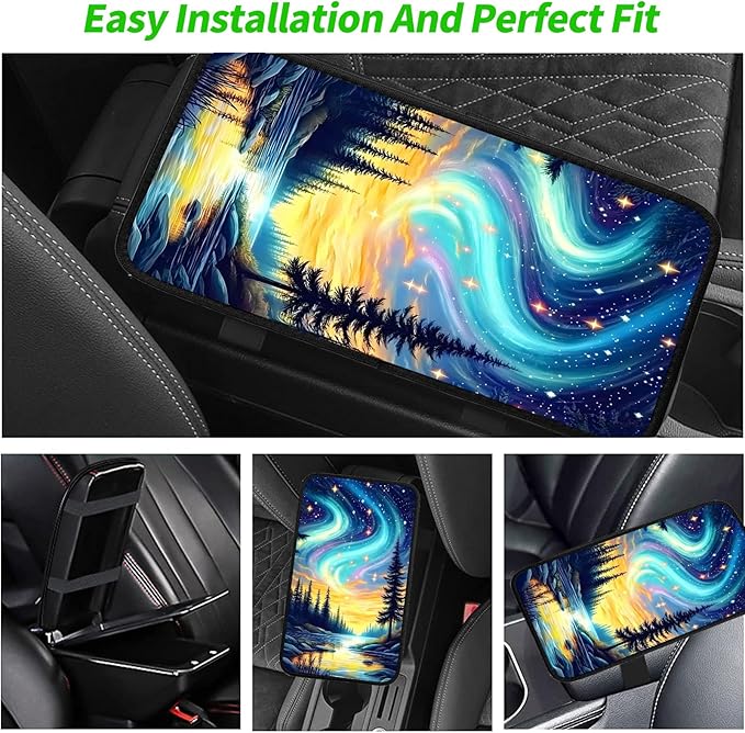 JANENFNA Car Armrest Cover Pads Universal Fashion Cute Auto Center Console Armrest Cover Pad with 2PCS Car Coasters Soft Waterproof Car Armrest Seat Protector for Women,Colorful Aurora