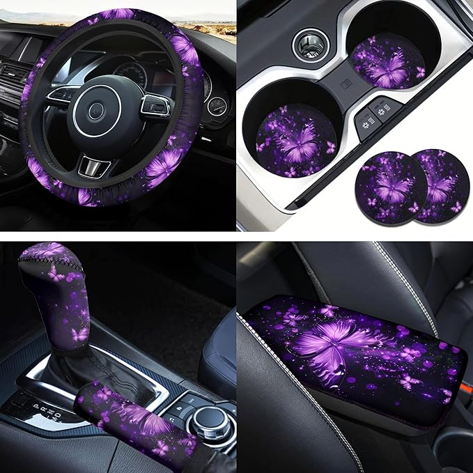 Purple Butterfly Car Decor Set for Women 6 PCS Steering Wheel Cover Cup Holder Handbrake Gear Cover Butterfly Print Car Accessories Set for SUV Truck Sedan