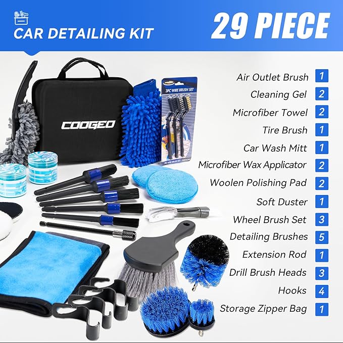 29Pcs Car Detailing Kit,Compelete Car Cleaning Kits Interior Cleaner with Detailing Brushes,Drill Brush Heads,Car Wash Kit with Cleaning Gel,Wash Mitt,Car Hooks,Car Care Gift for Men