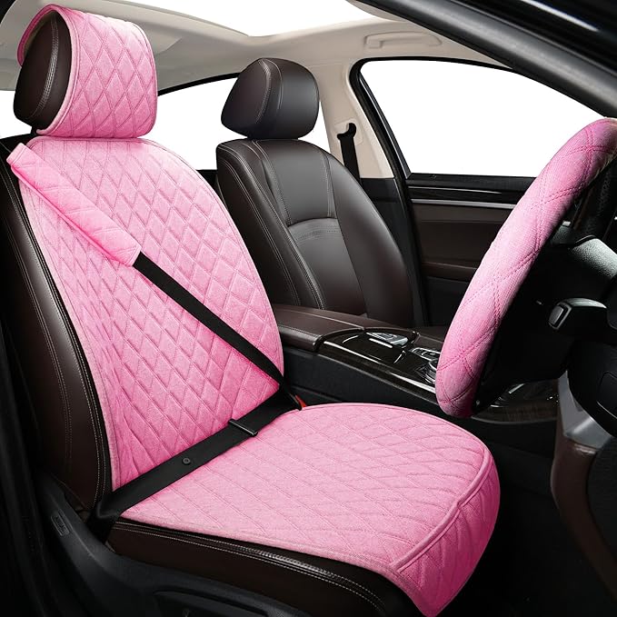 ENOGE Linen Car Seat Covers Front Seat Covers Breathable Cloth Fabric Car Seat Protector Universal Fit Most Automotive, Van, SUV, Trucks(Pink, 1 Front Set)