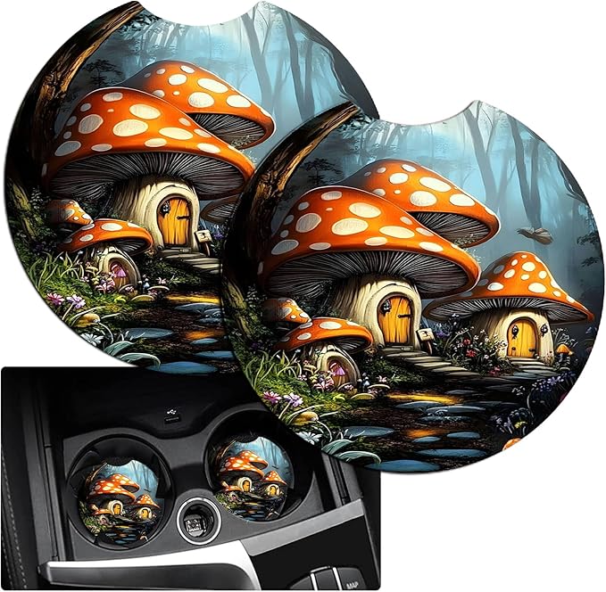 JANENFNA Car Armrest Cover Pads Universal Fashion Cute Auto Center Console Armrest Cover Pad with 2PCS Car Coasters Soft Waterproof Car Armrest Seat Protector for Women,Mushroom House