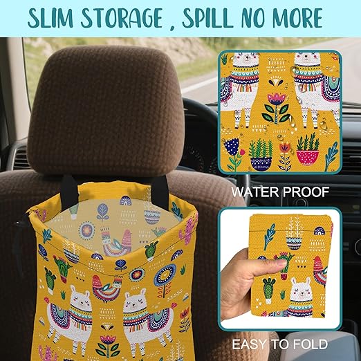 KXWQTRDD Car Garbage Bag Llama Flowers and Birds Drawstring Car Trash Bag Hanging for Back Seat with Adjustable Buckle Canvas Vehicle Trash Can Easy-to-Install