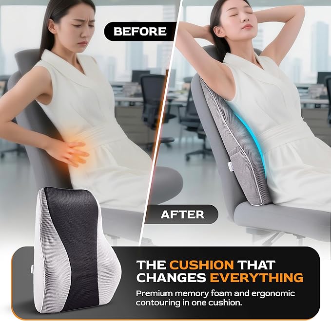 TULARIS Extra Dense Lumbar Pillow with Double Adjustable Straps - Ergonomic Lumbar Support Pillow for Office Chair, Car, Couch Firm Back Support for Lower Back & Spine Pain Relief Memory Foam Cushion