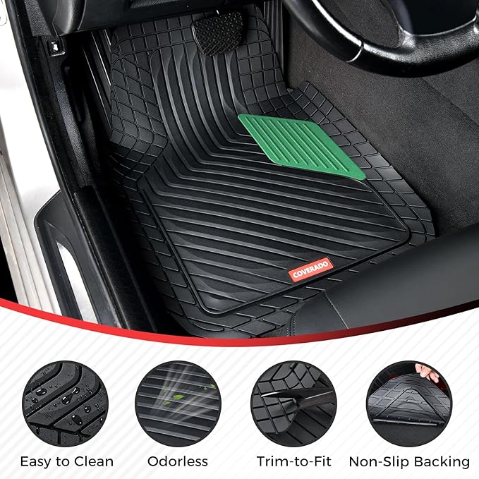 Coverado Car Floor Mats Full Set – Heavy-Duty PVC Floor Mats with Green Metallic Heel Pad, All-Weather Protection for Front & Rear, Non-Slip Backing, Easy-Clean Interior Liners