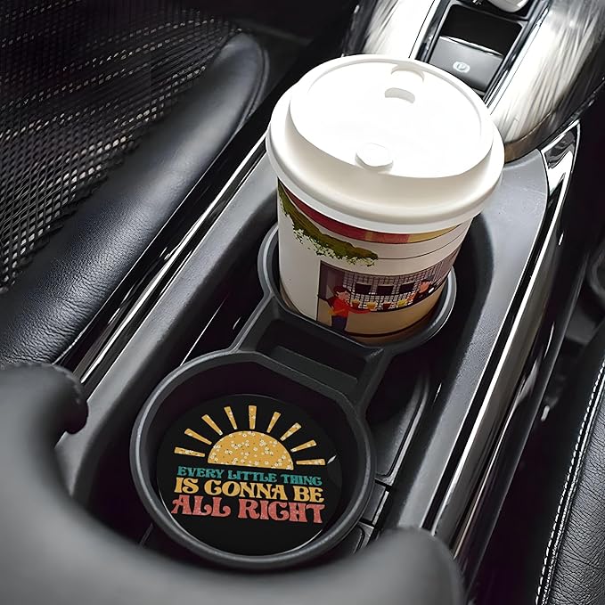 HUWAAI Every Little Thing is Gonna Be Alright Car Cup Holder Coasters 2 Pack Universal 2.63 Inch Anti Slip Ceramic Absorbent Coaster with Cork Base and Finger Notch Car Accessories Interior for Women