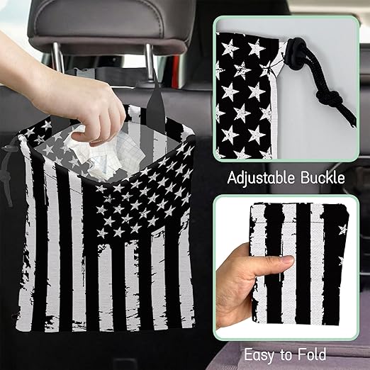 NHNXHWIA Retro American Flag Car Trash Bag,Hanging Drawstring Car Garbage Bag,Waterproof Canvas Car Back Seat Organizer with Adjustable Buckle,for Vehicles,SUVs,Camping,Road Trips