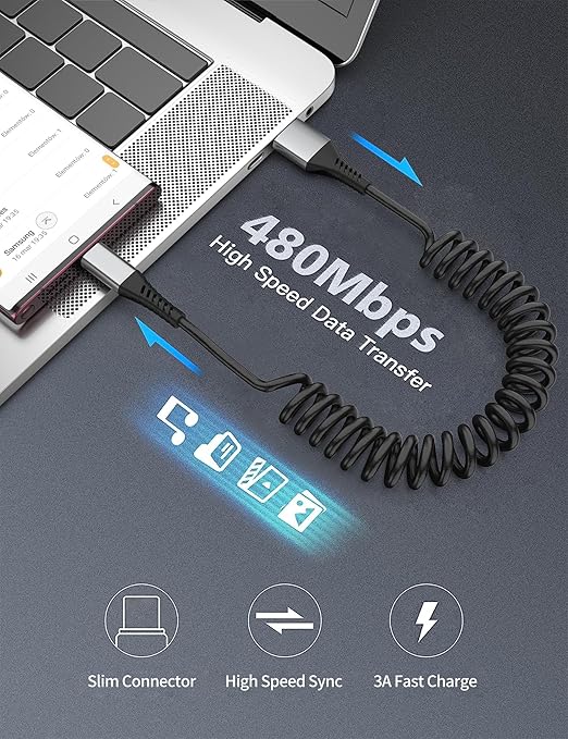 Coiled USB A to USB C Cable for Car, 2 Pack Type C Charger Fast Charging Cable 3FT, USB to USBC Cable for Carplay, Android Auto, iPhone 17 16 15 Pro Max, Samsung Galaxy S25 S24 S23 Ultra