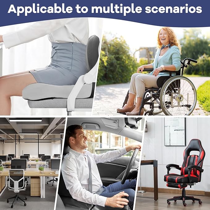Ergonomic Seat Cushion for Office Chair & Car - Memory Foam Car Cushions for Driving with L-Shaped Design, Adjustable Strap, Non-Slip Bottom - Orthopedic Pad for Truck Driver (Grey)