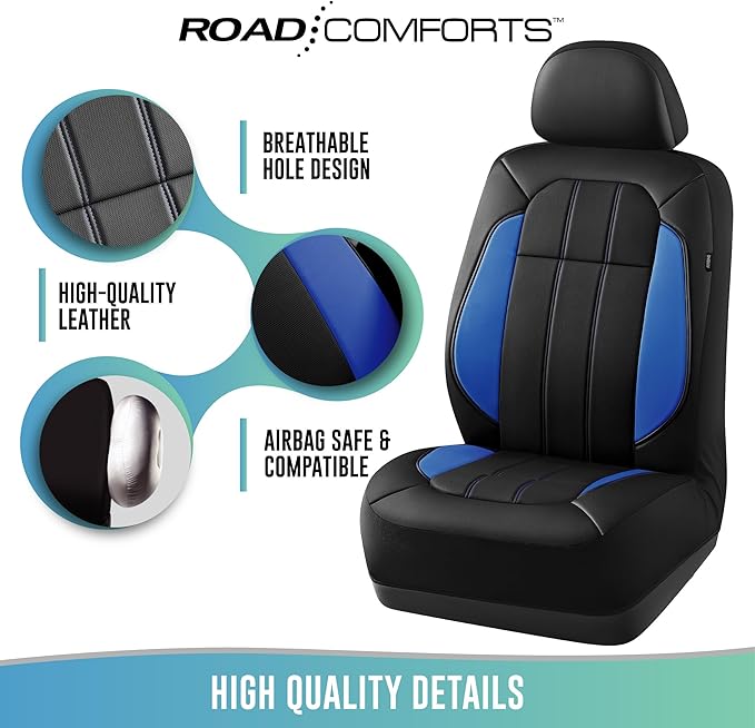 Road Comforts Car Seat Covers, Breathable Leather Seat Covers, Car Seat Covers Full Sets Airbag Compatible, Automotive Seat Covers for Most Cars, Vans, Trucks, SUV - Blue