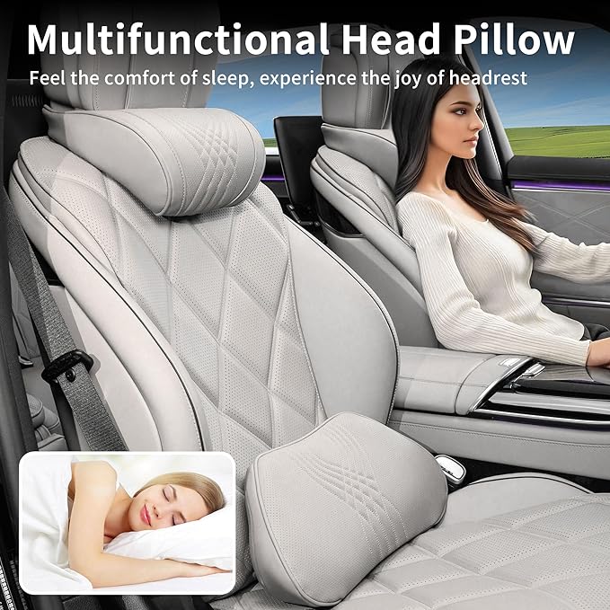 Dapucarin Lumbar Support Pillow for Car Seat, Office Chair Nappa Leather Memory Foam Lower Back Cushion for Back Pain Relief Improve Posture, Ergonomic Back Rest for Gaming Chair, Light Gray, 1PC
