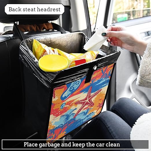 Car Trash Can Organizer Bin with Adjustable Strap for Back Front Seat Console Waterproof Leakproof Collapsible Portable 11 Inch Bright Summer Beach Starfish and Palm Tree
