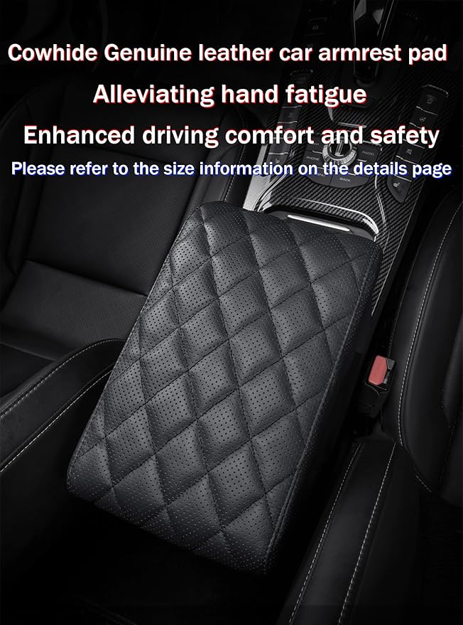 POKSRI Car Center Console Cover/pad Genuine Leather,Universal Armrest mat, Adjust driving posture Cushion,Protector box,Memory Foam,Real cowhide,Relieves shoulder/arm fatigue,boosting driving safety
