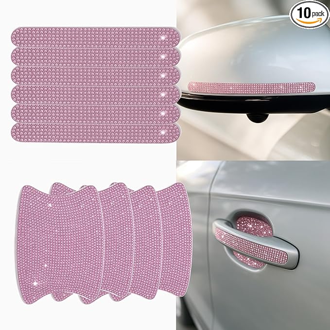 10PCS Bling Car Door Handle Protectors, 4 Door Bowl Stickers + 6 Handle Strips, Crystal Rhinestone Anti-Scratch Car Accessories, Sparkling Auto Decor Decals, Universal for SUV Sedan Truck (Pink)