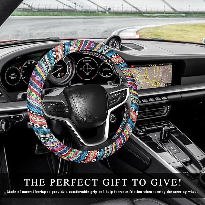 Boho Car Steering Wheel Cover, Ethnic Style Anti-Slip Coarse Flax Cloth Auto Wheel Cover, Bohemian Steering Wheel Protector for Most SUVs Vans Trucks, Car Accessories (Style A)
