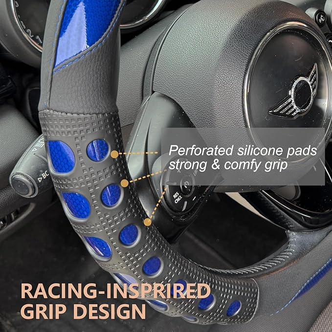 PINCTROT Race Grip Steering Wheel Cover, Anti-Slip Silicone Perforated Design with Soft Touch Padding, Enhanced Grip for Sporty Driving, Universal 14.5-15 Inch (Racing Blue)