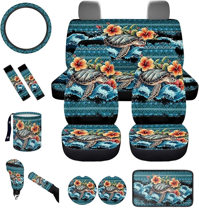Dngkaoje 13 Pcs Sea Turtle Car Seat Covers Full Set for Men Women Auto Interior Seat Protector Full Set Hawaiin Sea Turtle Printed Hanging Trash Bag,Seatbelt Shoulder Pads,Armrest Pad,Cup Mats