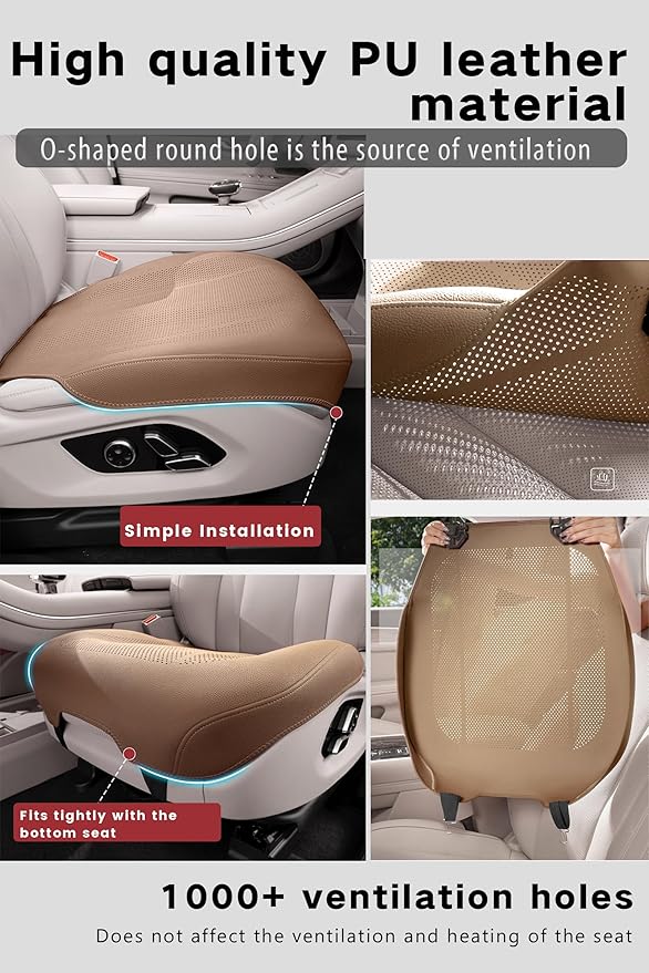ontto 2 PCS Car Seat Back Lumbar Cushions for Driving Universal Car Seat Protector with Buckle Fixing,Non-Slip Backing Will Not Leave Imprint,Ventilated PU Leather Seat Mat,Light Brown