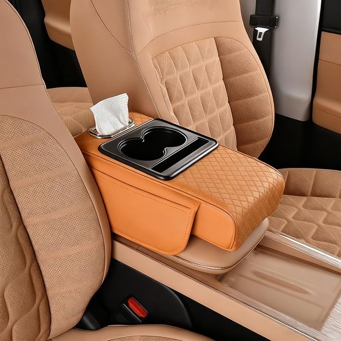 Multifunctional Pu Leather Car Armrest Box Mat With Cup Holders, Universal Armrest Box Pad, With Side Pockets, Easy To Clean Interior Organizer Waterproof For Cars, Trucks, Suvs (Embossed, Orange)