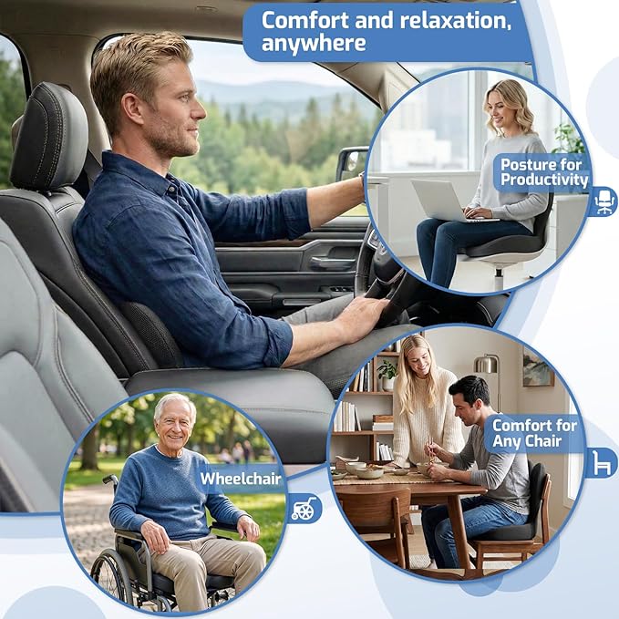 Trucker Seat Cushion, Car Seat Cushion Memory Foam Ergonomic Lumbar & Tailbone Support Pillow for Hemorrhoid, Coccyx & Sciatica Relief, for RV, SUV, Office Chair, Wheelchair (Black)