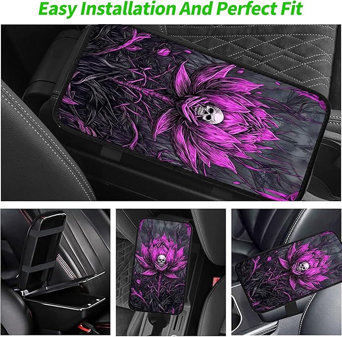 JANENFNA Car Armrest Cover Pads Universal Fashion Cute Auto Center Console Armrest Cover Pad with 2PCS Car Coasters Soft Waterproof Car Armrest Seat Protector for Women,Pink Flower Skull