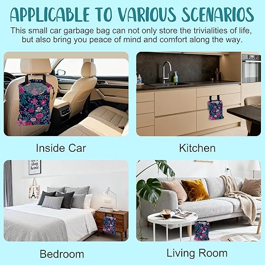 KXWQTRDD Car Trash Bag Watercolor Floral and Green Leaves Leak-Proof Car Garbage Bag with Drawstring Foldable Canvas Trash Bin with Adjustable Buckle for Car Accessories
