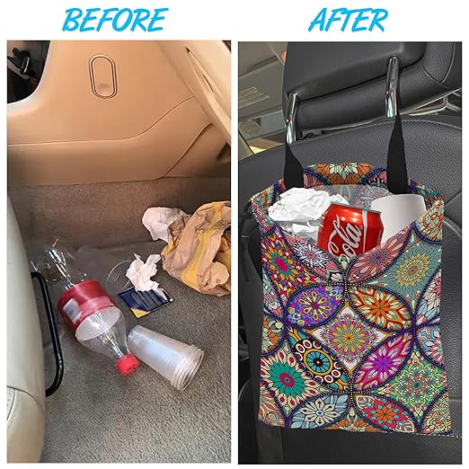 ghatobty Car Trash Bag Hanging Mandala Flower Car Trash Can Waterproof Garbage Bag Hanging for Car Back Seat