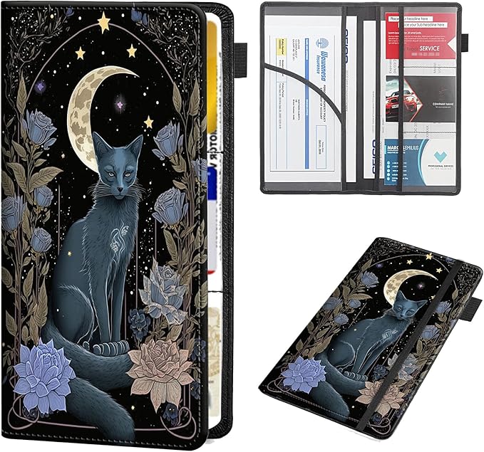 RAUEDWDJS Car Registration and Insurance Holder,Leather Vehicle Glove Box Organizer Wallet Case for Driver's License,ID Key Information Cards-Witchy Cat Moon