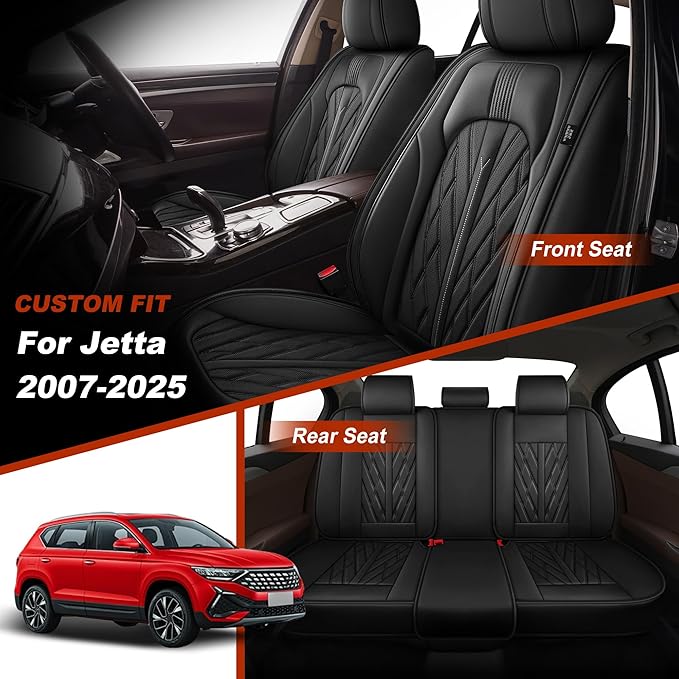 TTX LIGHTING Seat Covers Fit for VW/Volkswagen Jetta 2007-2025 Seat Covers Full Set Car Seat Covers Faux Leather Breathable Waterproof Car Seat Protector (5 Seats, Black)