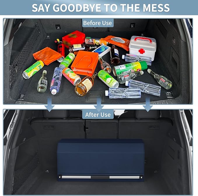 CarCrate SUV Trunk Organizer Storage, Leather Collapsible Trunk Storage Organizer with Magnetic Lid & Sturdy Handle, Waterproof Cargo Organizer for SUV Sedan Van (Blue 27.5''*11.4 ''* 12.2'')