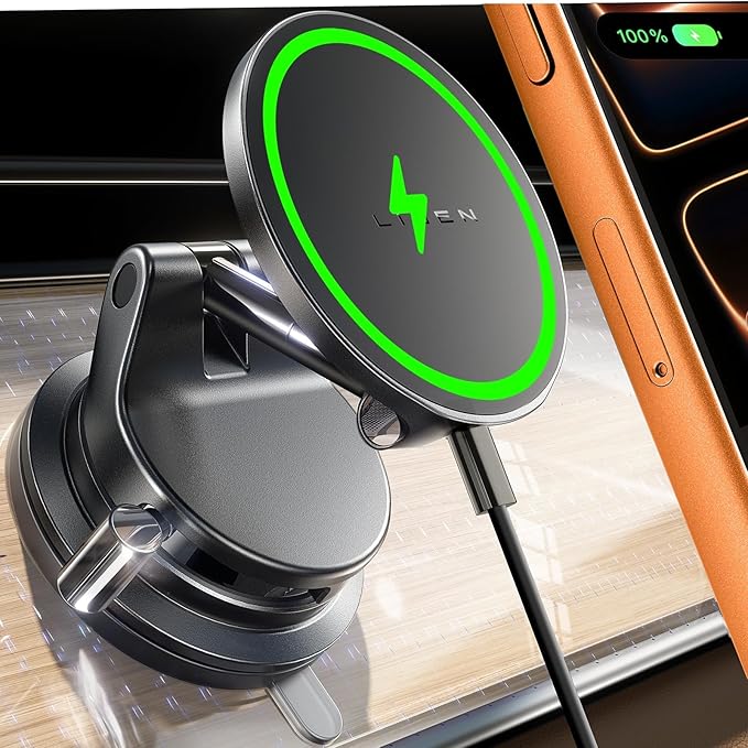 LISEN 15W Magsafe Car Mount Charger， [ SuctionPro ] 15W Wireless Car Charger, Suction Cup Phone Holder,360° Vacuum Magnetic Phone Holder for iPhone 17 Pro Max Air 17-12,Samsung S25 with MagSafe Case