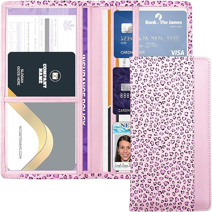 FinestHouse Car Registration and Insurance Holder with Magnetic Closure, Universal Document Organizer for License, Insurance Cards & Glove Box Storage (Leopard-Pink)