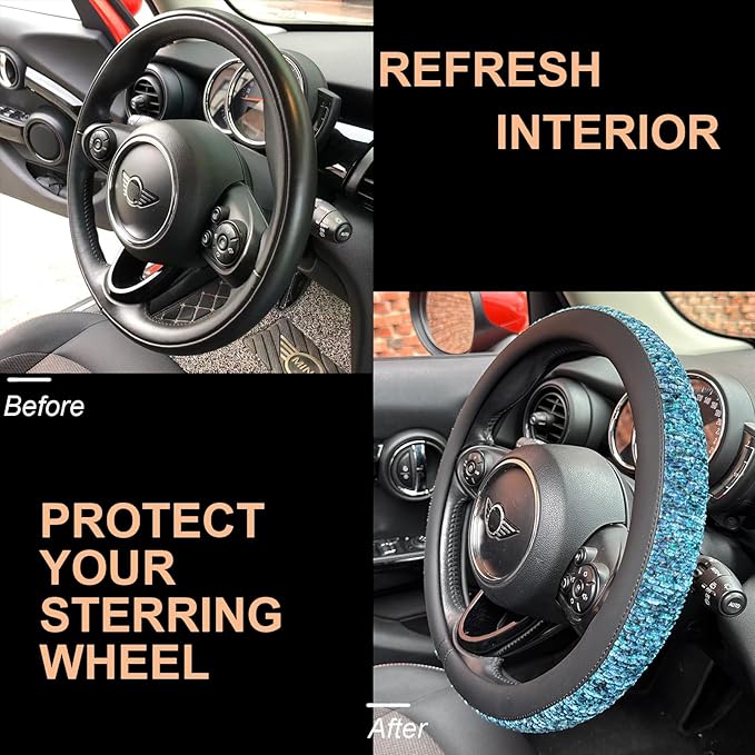 PINCTROT Large Size Chenille Leather Steering Wheel Cover, Soft Mottled Colors, Sweat-Proof, Non-Slip Grip, All-Season Comfort, 15.5-15.75 Inch(Mottled Blue)