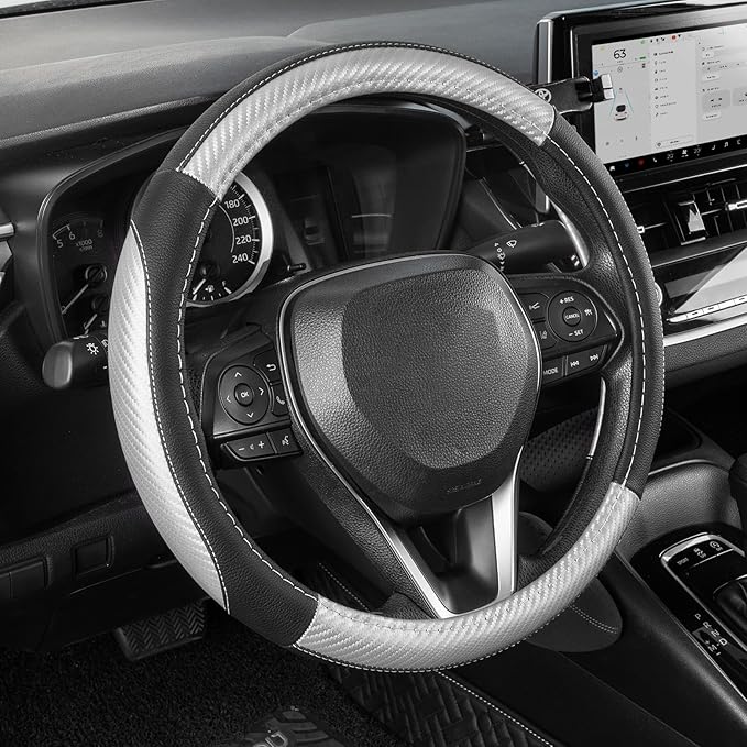 SEG Direct Car Steering Wheel Cover for F-150 Tundra Range Rover 15.5-16 inch, Auto Interior Accessories, Black with Sliver Carbon Fiber Pattern