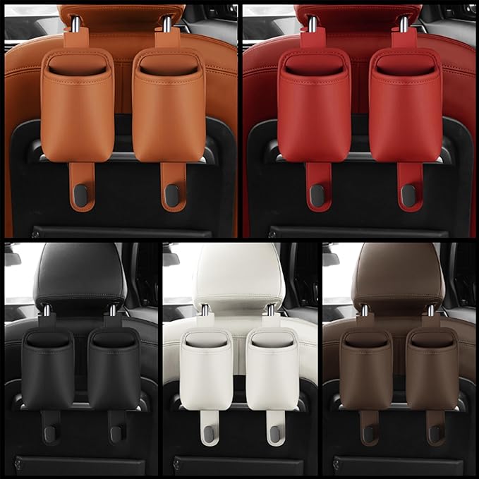 2-Pack Car Seat Back Cup Holder Organizer, Faux Leather Car Cup Holders with Hooks, Universal Backseat Storage for Drinks, Bottles & Travel Accessories (Brown)