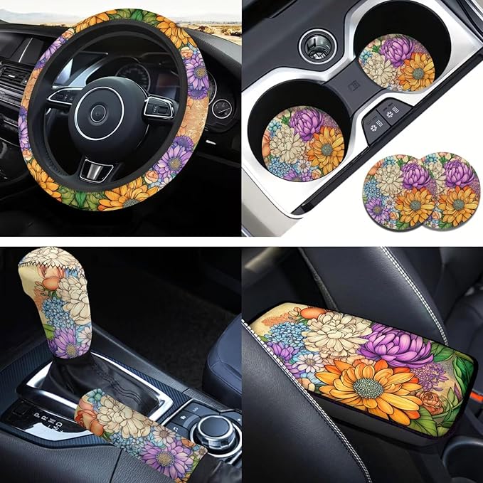 Flower 6pcs Car Accessories for Women Chrysanthemum Print Steering Wheel Cover Car Armrest Cover Handbrake Coer Auto Interior Sets