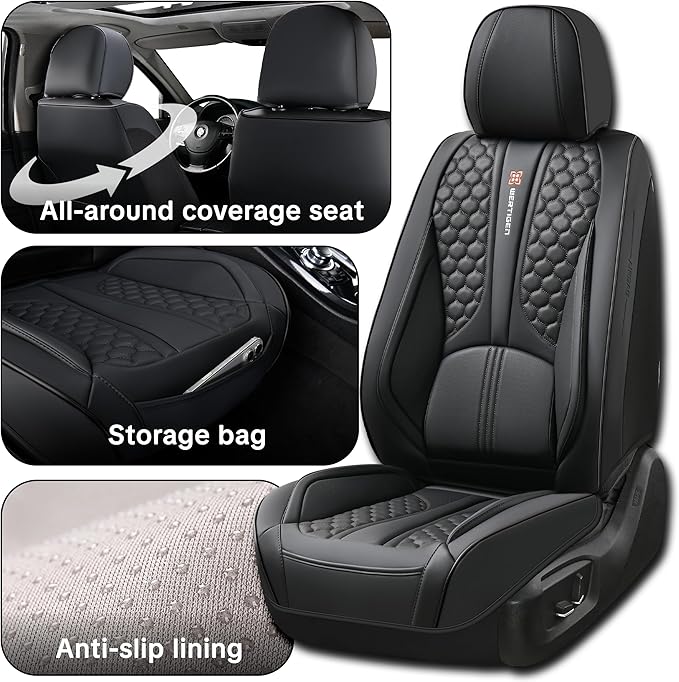 Wertigen Black Leather Car Seat Covers - Luxury Waterproof Car Seat Covers with Lumbar Support, Non-Slip Base, and Airbag Compatibility; Suitable for Sedans, Suvs, and Pickups.