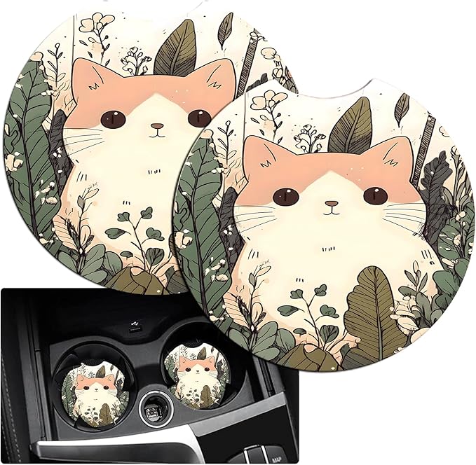 JANENFNA Car Armrest Cover Pads Universal Fashion Cute Auto Center Console Armrest Cover Pad with 2PCS Car Coasters Soft Waterproof Car Armrest Seat Protector for Women,Cute Cat in Flowers