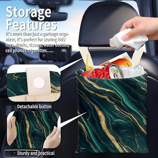 BEAKND Hanging Car Garbage Bag, Cute Car Trash Can Bag, Automotive Accessories for Women Men Luxury Green Marble
