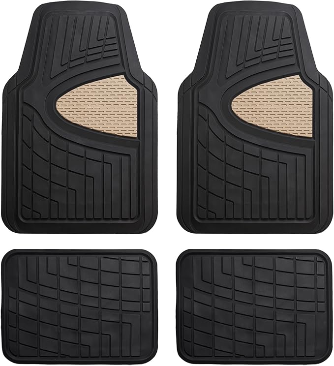 TLH Premium Tall Channel Rubber Car Trimmable Floor Mats - Heavy-Duty Beige Rubber Floor Mats, Universal Fit Full Set, Climaproof™ Floor Mats, Trimmable Floor Mats for Most Sedan, SUV, Truck