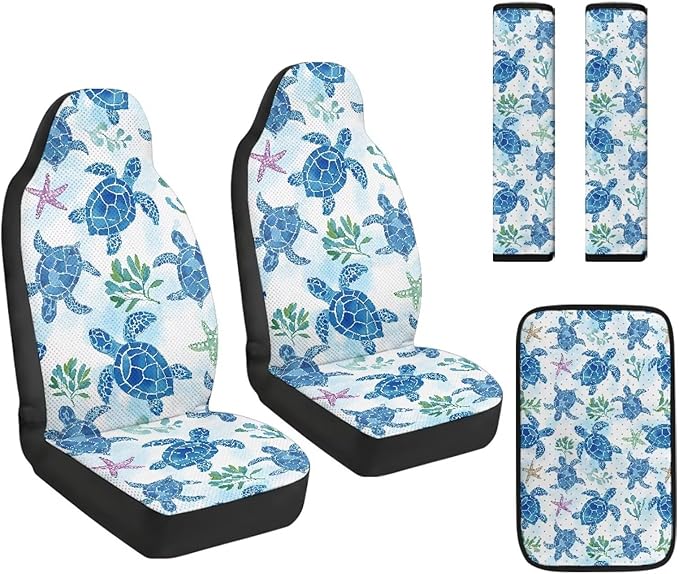 FUSURIRE Sea Turtle Pattern Car Interior Accessory Set of 5,PU Front Seat Covers, Seat Belt Covers & Center Armrest Pad,Universal for Car, SUVs,Van,Small Trucks
