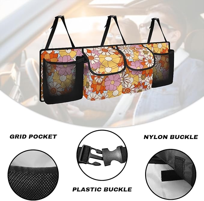 CLOHOMIN Hippie Flower Trunk Organizer for SUV Fashion Car Trunk Organizer Hanging Car Storage Bags Collapsible Cargo Bag with 4 Pockets Car Decor Accessories Gifts