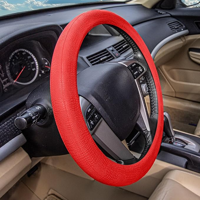 FH Group Universal Fit Silicone Snake Pattern with Massaging Grip Steering Wheel Cover fits most Cars, SUVs, Trucks, and Vans Red