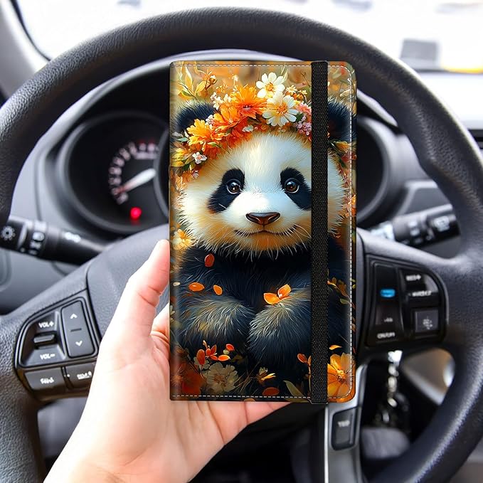 Tudguiloae Car Registration and Insurance Card Holder, Trunk Document Holder Organizer, Essential Vehicle Glove Box Organizer PU Leather Wallet for Driver,Panda with Flower Crown