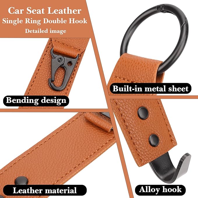 Adorila Car Hooks for Headrest - Backseat Storage Organizer Hangers - PU Leather Strap with Metal Snap Clip for Bags - (Brown, 2-Pack)
