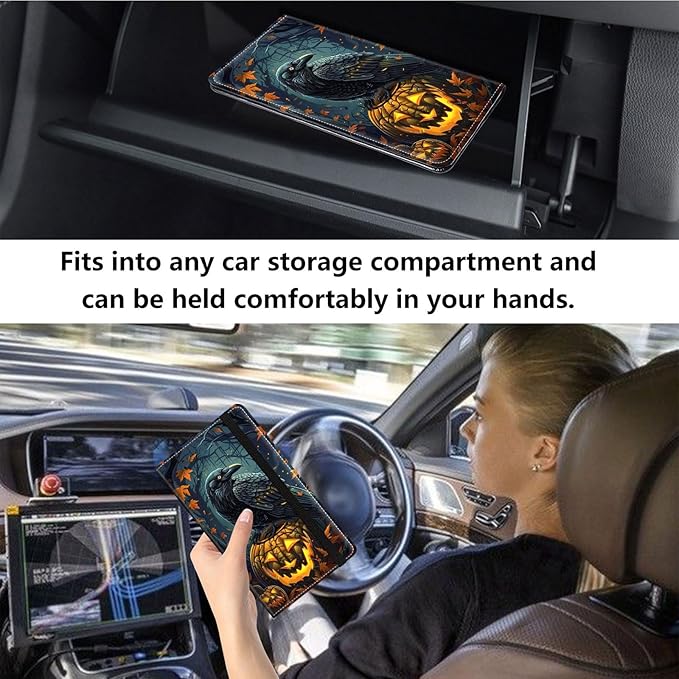 Qindaiwen Car Registration and Insurance Holder, Vehicle Card Document Elastic Band Closure Glove Box Organizer, Driver License Cards, Car Accessories for Essential Info, Black Raven 02