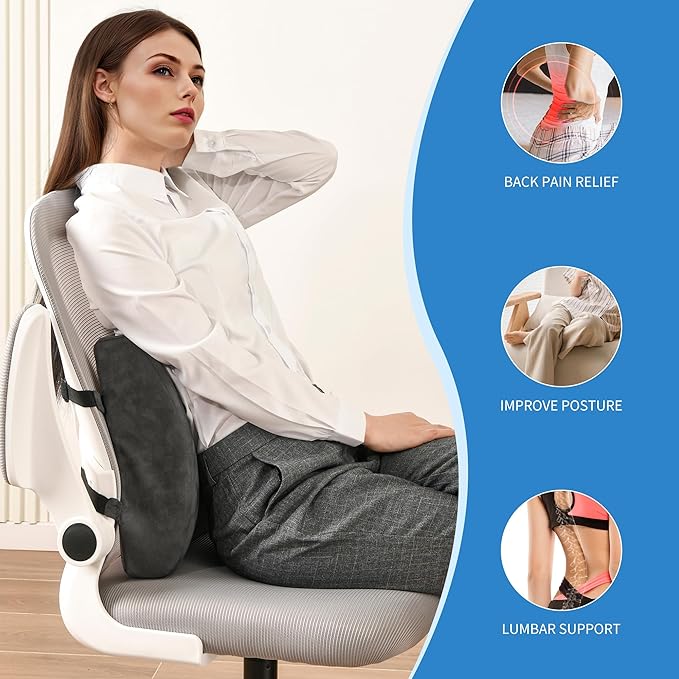 Zickskt Lumbar Support Pillow for Office Chair - Memory Foam Back Cushion for Chair, Car, Couch - Lumbar Pillow Promotes Better Posture, Back Pain Relief with Adjustable Strap & Non-Slip