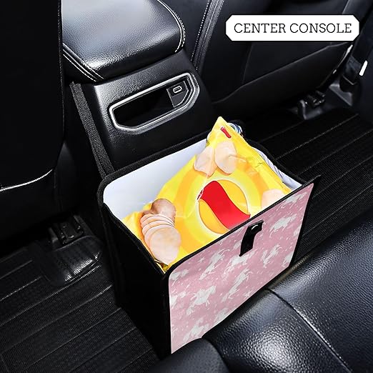 Car Trash Can Organizer Bin with Adjustable Strap for Back Front Seat Console Waterproof Leakproof Collapsible Portable 11 Inch Pink Unicorns Silhouette and Stars