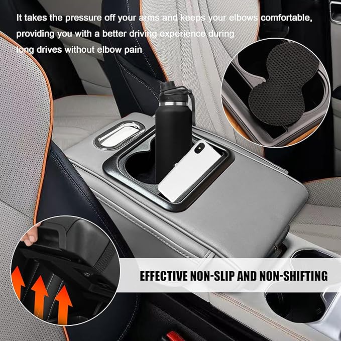 Car Center Console Armrest Pillow, Leather Arm Rest Cover Pad with 2 Storage Pockets Cup Holder & Phone Slot, Soft Middle Console Cushion Protector for Most Vehicles (Gray, Normal)